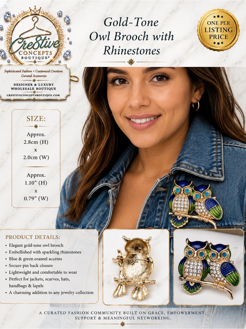 Gold-Tone Blue Enamel Crystal Owl Brooch Pin